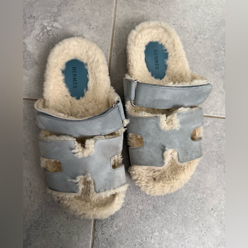 Hermes Blue Shearling Slide Sandals